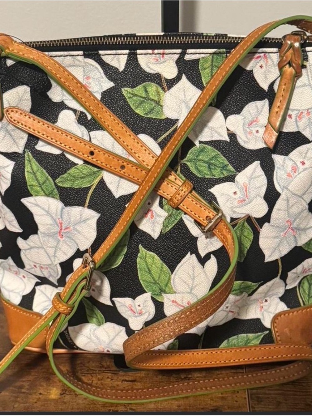 Dooney & Bourke Black Floral Crossbody with White Flowers and Green Leaves - Picture 3 of 4